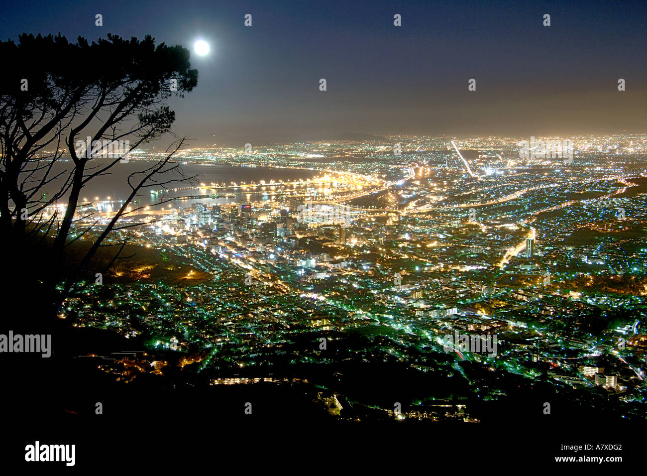 La ville de Cape Town comme vu à partir de la tête de lion sur une nuit de pleine lune. Banque D'Images