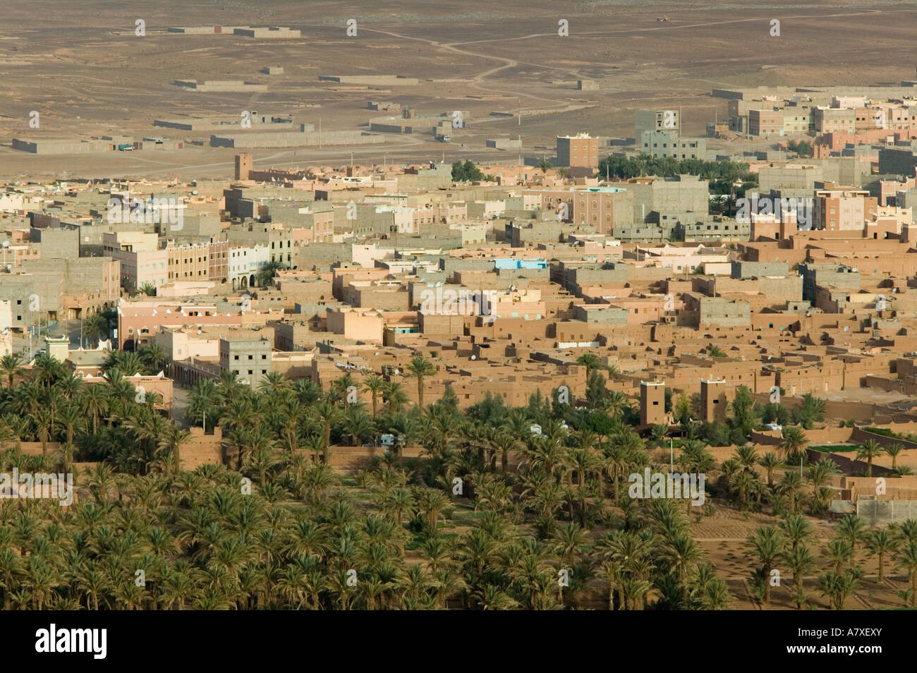 Le Maroc, la vallée du Draa, ZAGORA : Vallée du Draa principale ville Vue aérienne du Sommet du Djebel Zagora / Matin Banque D'Images