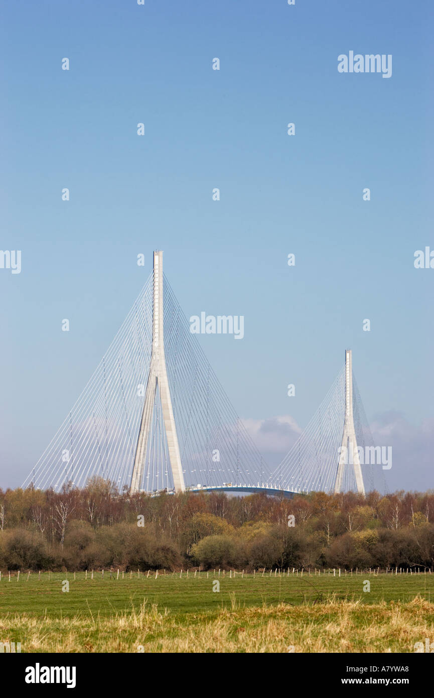 Pont de Normandie pont suspendu au-dessus de la Seine, en Normandie, France Europe Banque D'Images