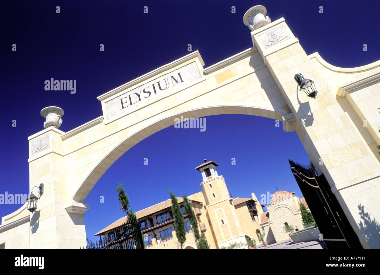 Chypre, Pafos Pafos, District, ville de l'hôtel Elysium, l'entrée dans un style hollywoodien Banque D'Images