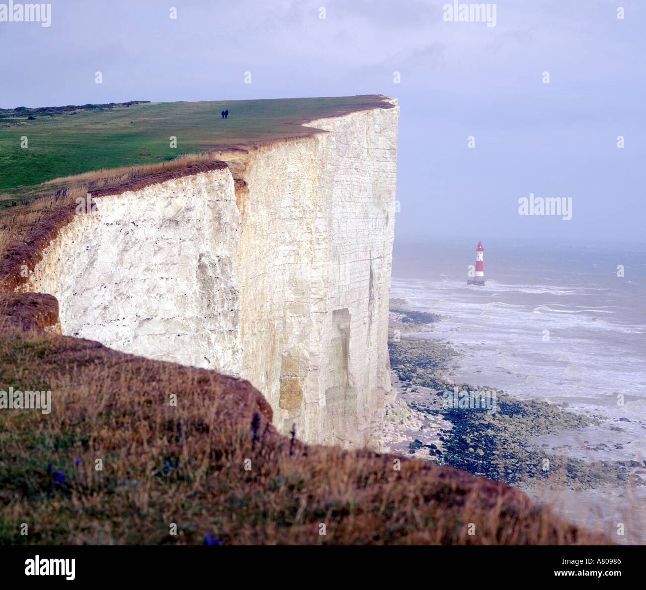 À l'Est le long de la falaise montrant la tour de phare ou phare souverain dans l'East Sussex England UK Banque D'Images