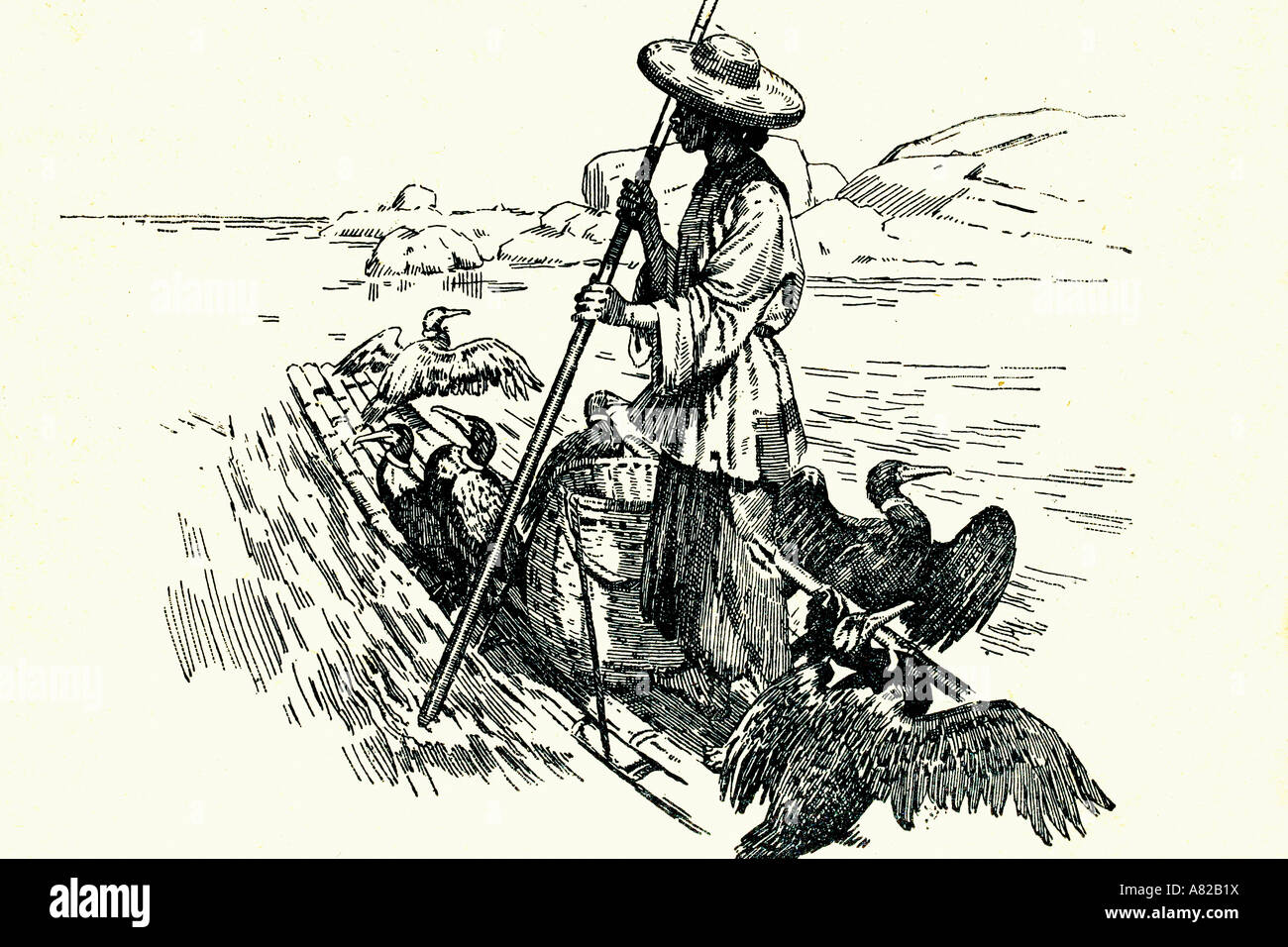 Pêche chinois avec les cormorans. Illustration d'antiquités. 1933 Banque D'Images