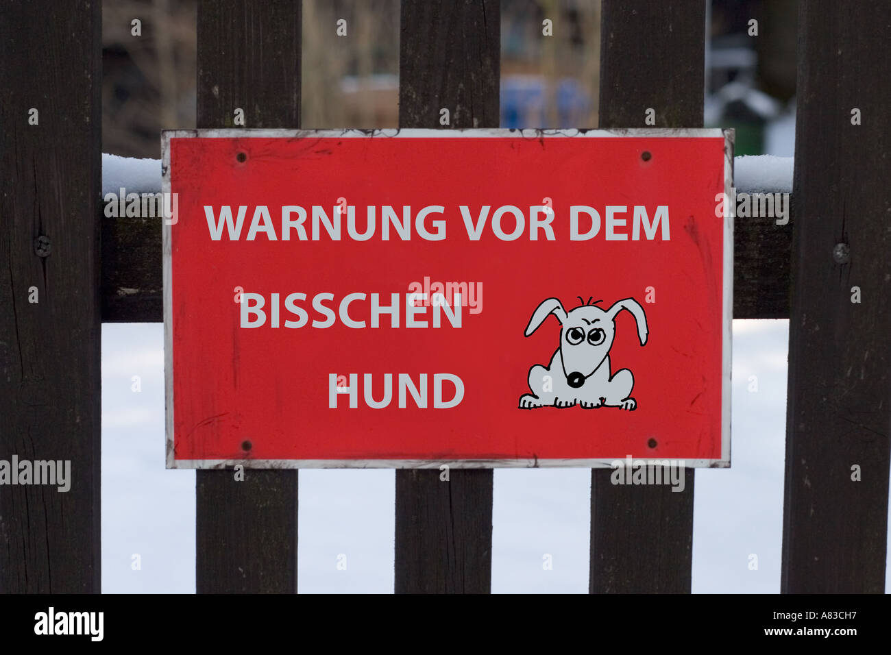 Signe de danger rouge méfiez-vous du chien fixé sur une porte du jardin fence Banque D'Images