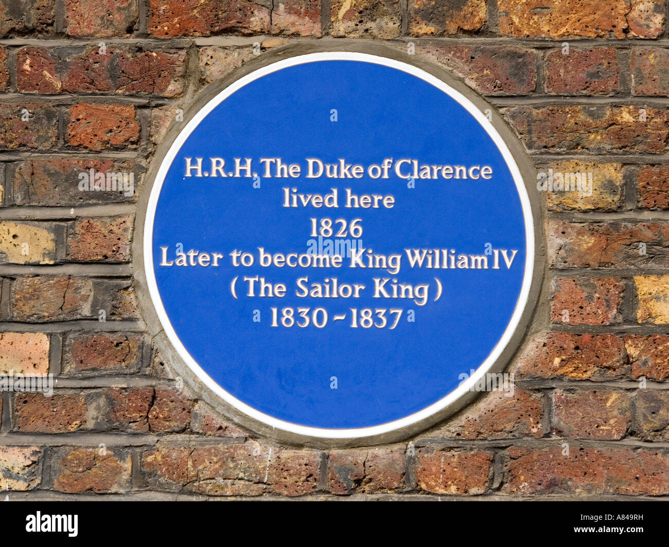 Blue plaque commémorant le roi William IV lorsqu'il était duc de Clarence à Londres, Angleterre, RU Banque D'Images