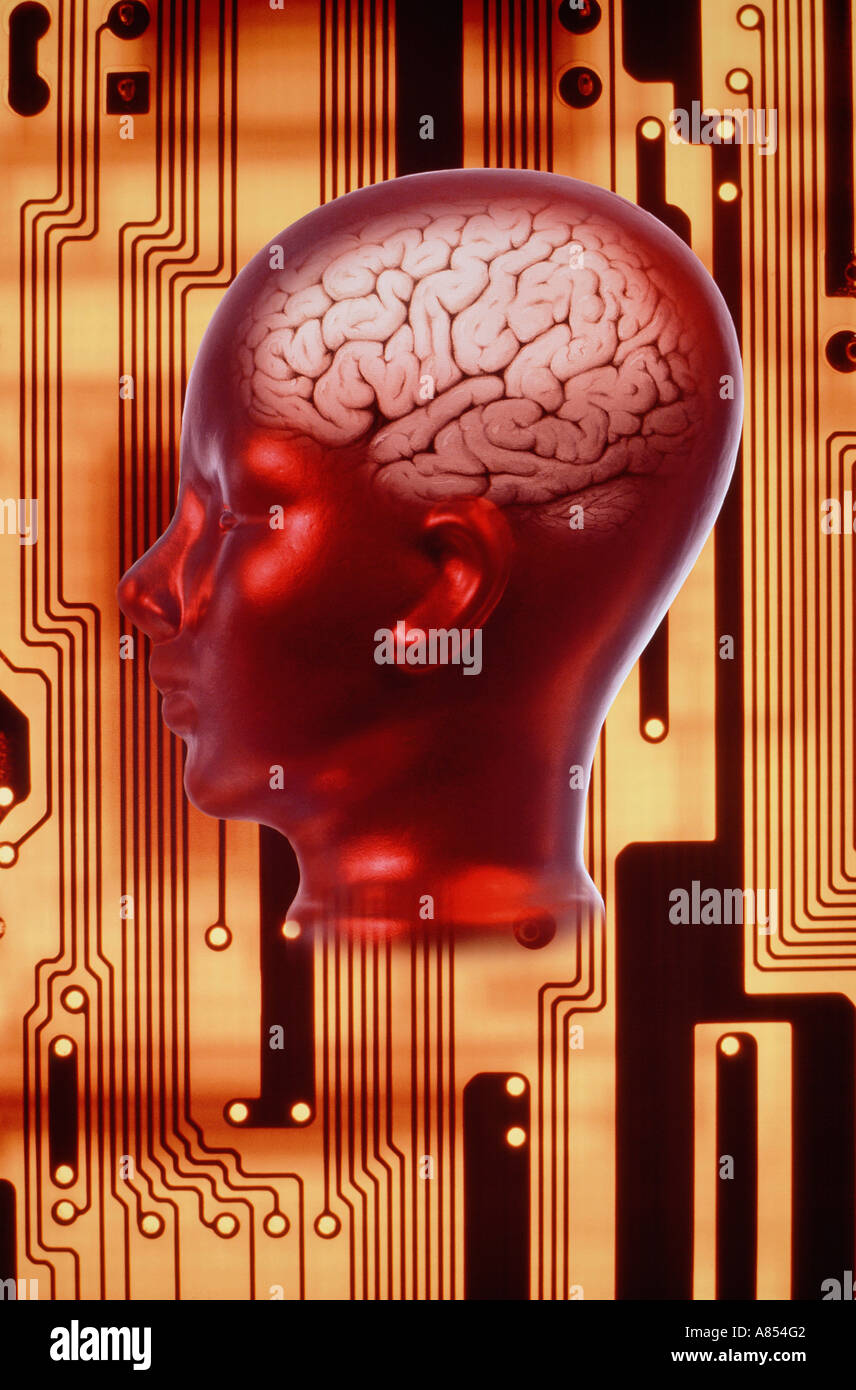 Montage photo Concept image de cerveau humain en tête modèle profile contre ordinateur puce électronique d'arrière-plan du circuit. Banque D'Images