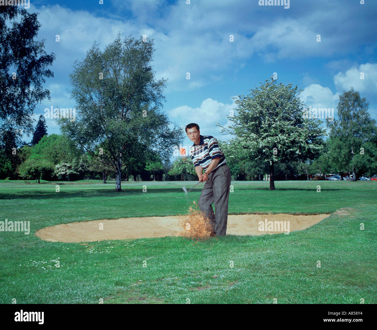 Le sport. Loisirs de l'établissement. Jeune homme jouant le golf. Ébrécher la balle d'un bunker de sable. Banque D'Images