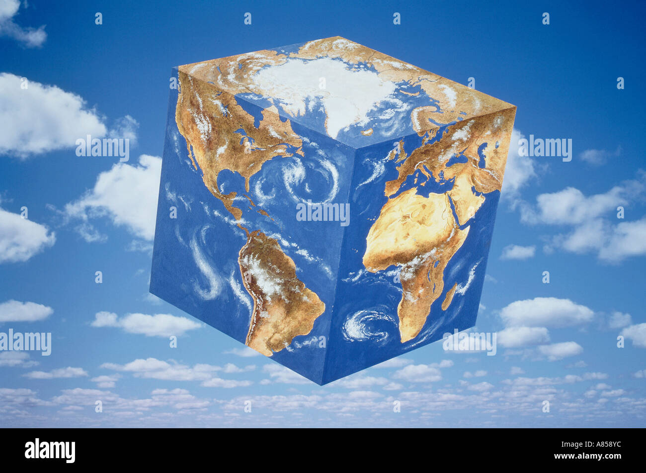 Illustration de la planète Terre cube flottant dans le ciel bleu. Banque D'Images