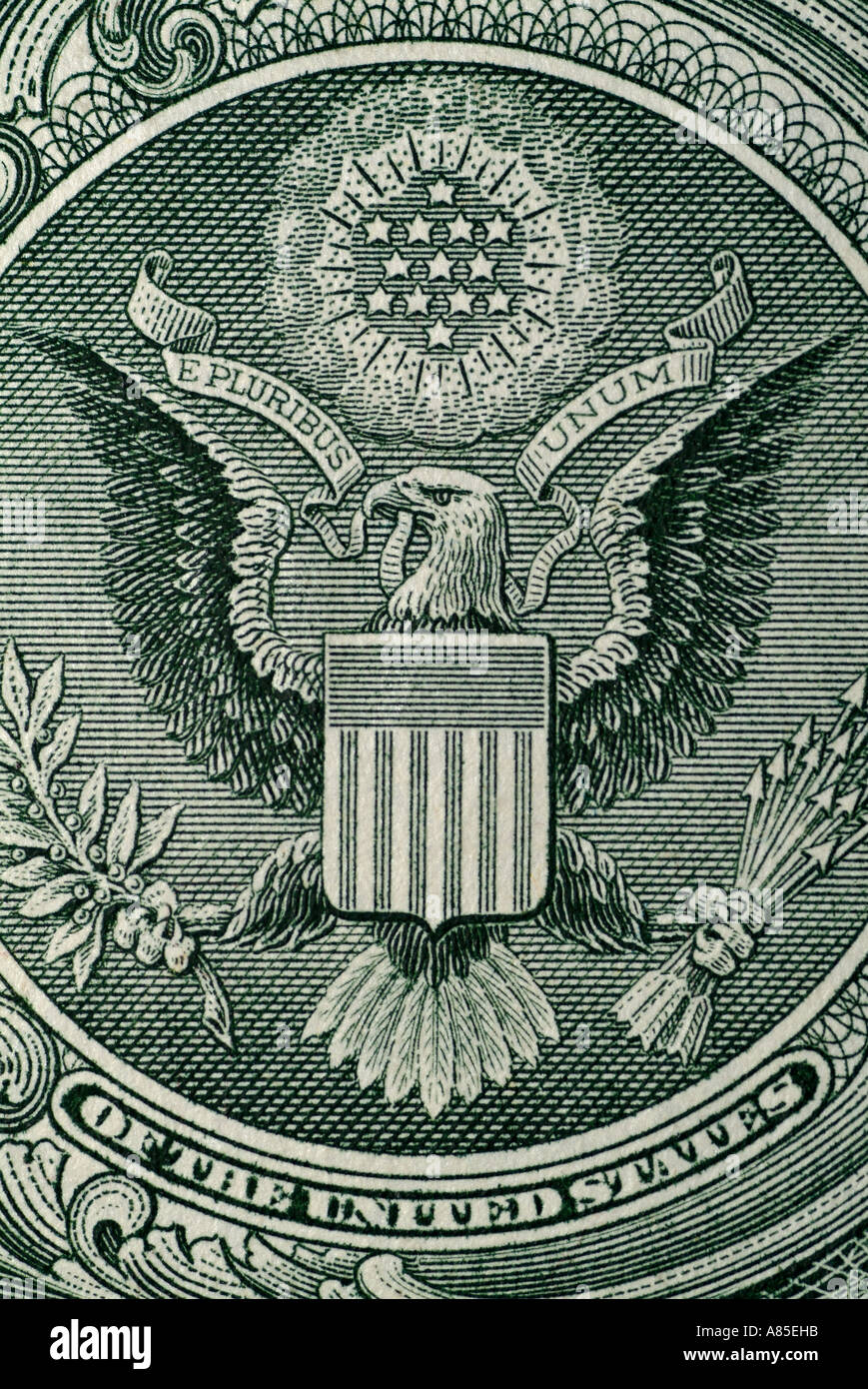 Résumé de l'arrière d'un Américain d'un Dollar US Remarque montrant le Grand Sceau des États-Unis d'Amérique Banque D'Images