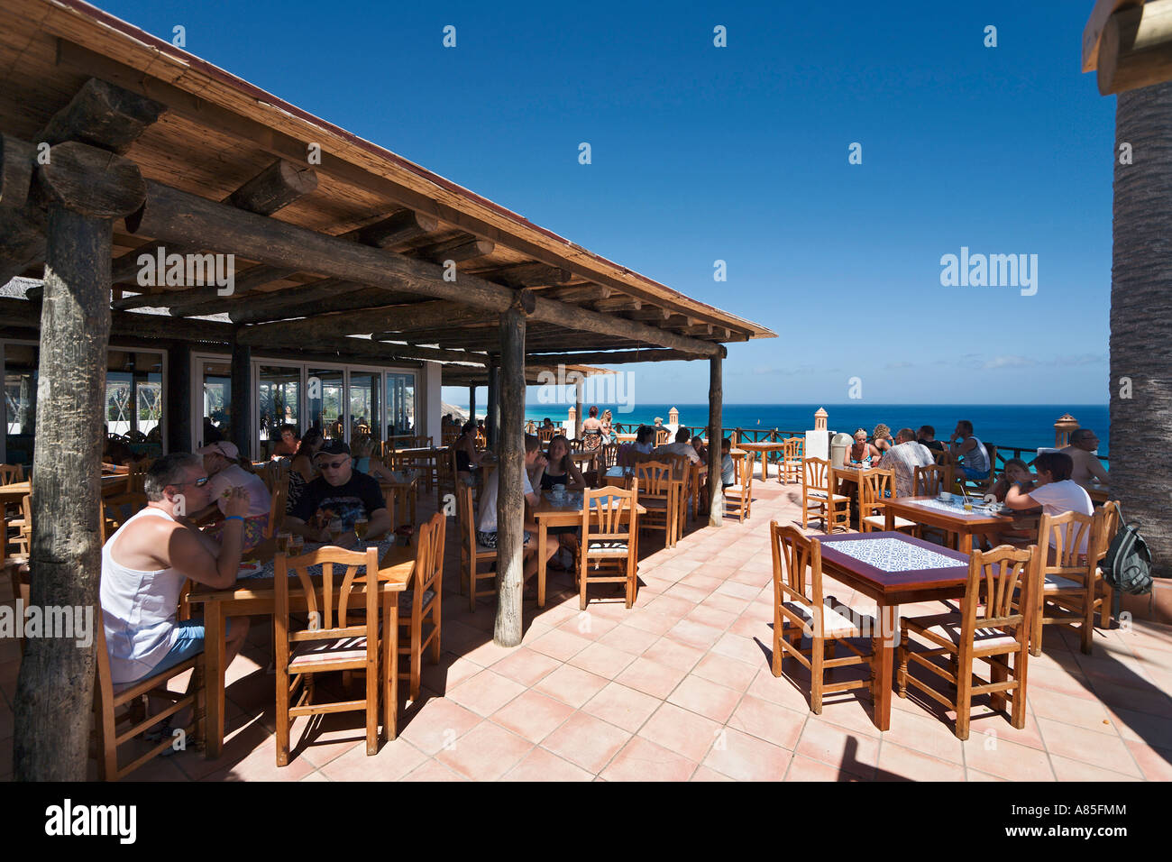 Snack-bar en bord de mer au Club Jandia Princess, Butihondo, Jandia, Fuerteventura, Îles Canaries, Espagne Banque D'Images