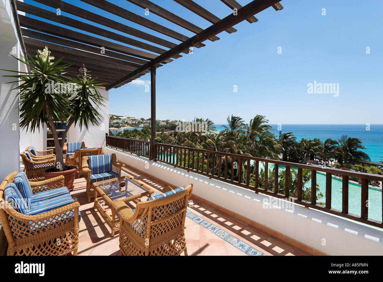 Bar terrasse du Club Jandia Princess, Butihondo, Jandia, Fuerteventura, Îles Canaries, Espagne Banque D'Images