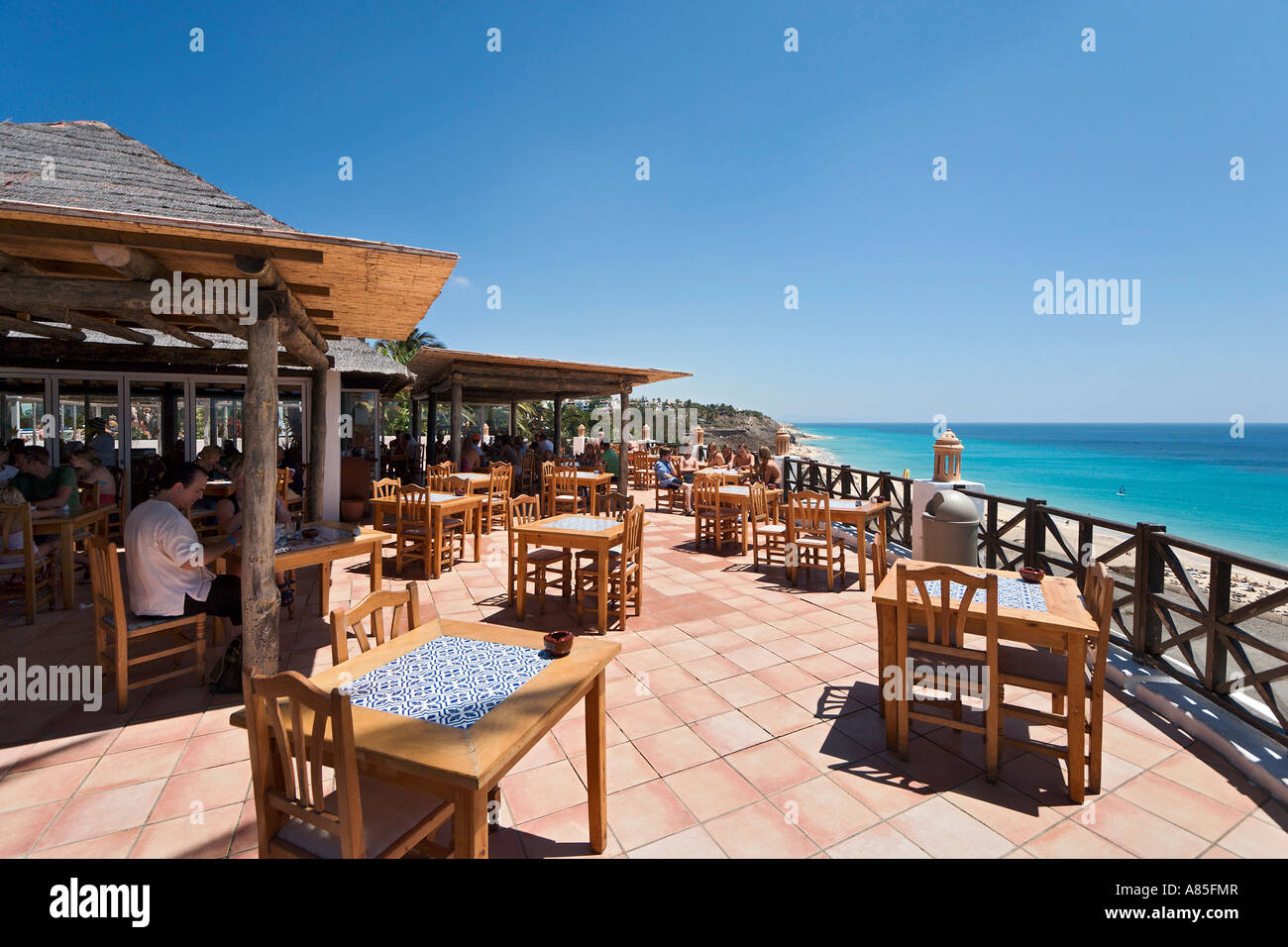 Snack-bar en bord de mer au Club Jandia Princess, Butihondo, Jandia, Fuerteventura, Îles Canaries, Espagne Banque D'Images