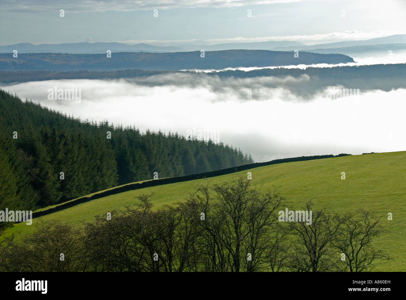 Inversion de cloud, tôt le matin au printemps. Haut Newton, Parc National de Lake District, Cumbria, Angleterre, Royaume-Uni, Europe. Banque D'Images