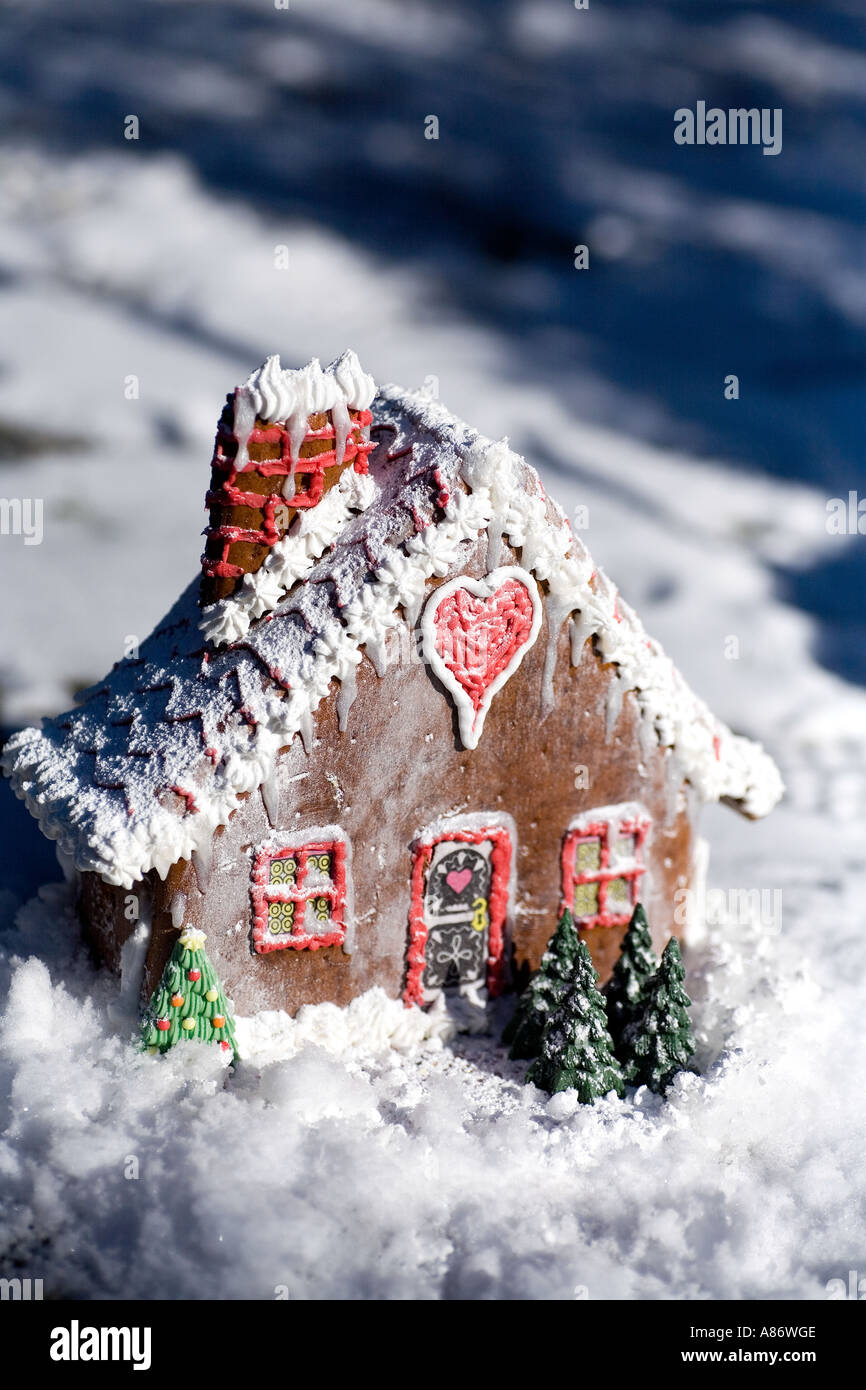 Faite maison. Hansel et Gretel gingerbread cottage dans la neige. Maison de Noël féerique Banque D'Images