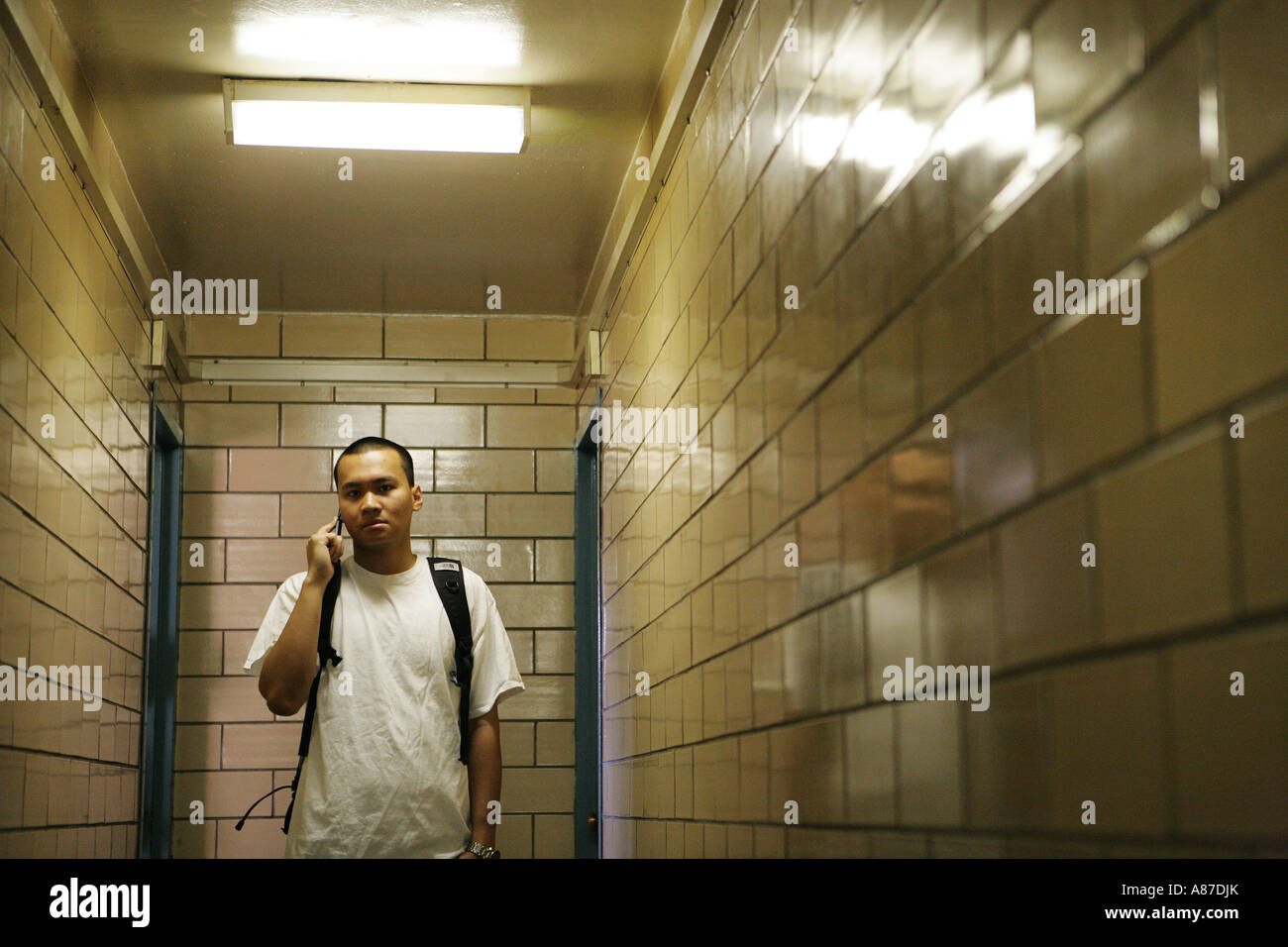 Teenage boy (15-17) standing in corridor, au téléphone Banque D'Images
