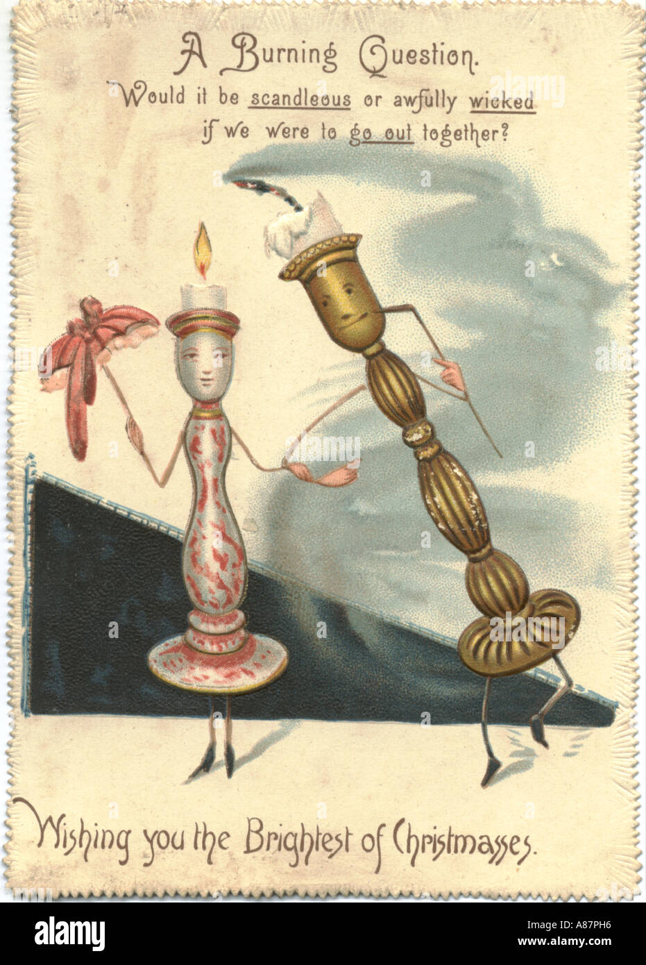 Carte de vœux de Noël de la bande dessinée de chandeliers 1899 Banque D'Images