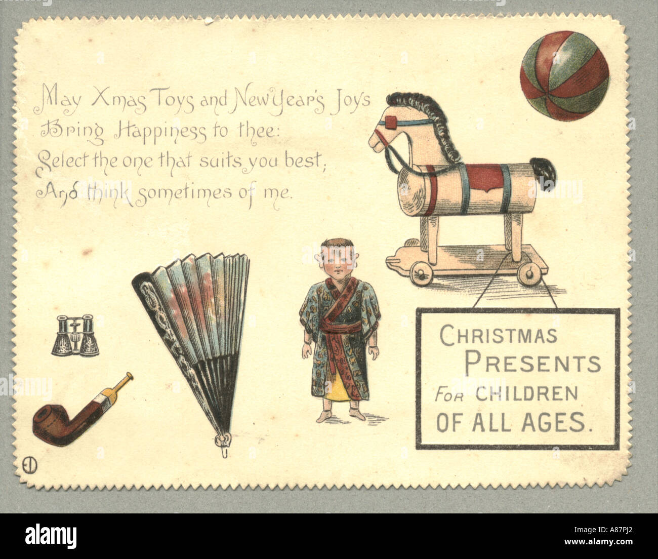 Carte de vœux de Noël montrant des cadeaux de Noël pour les enfants de tous âges vers 1890 Banque D'Images