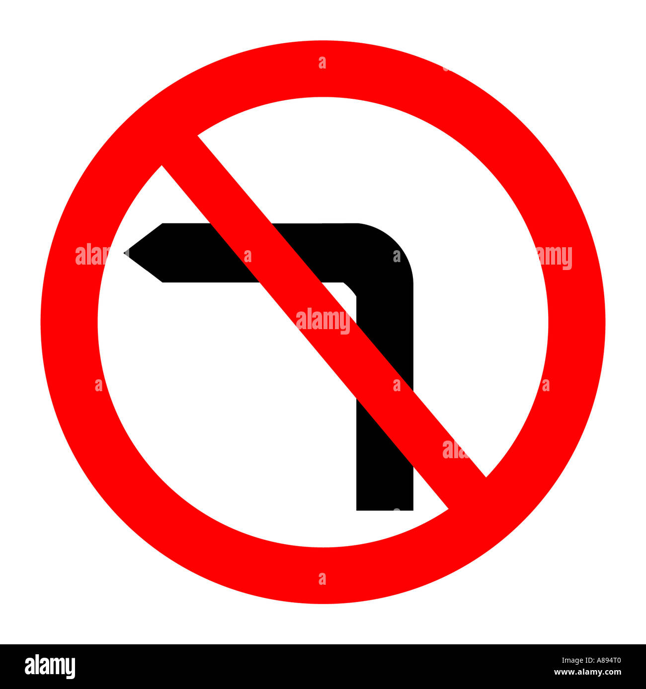 Pas de virage à gauche Road sign on white background Banque D'Images