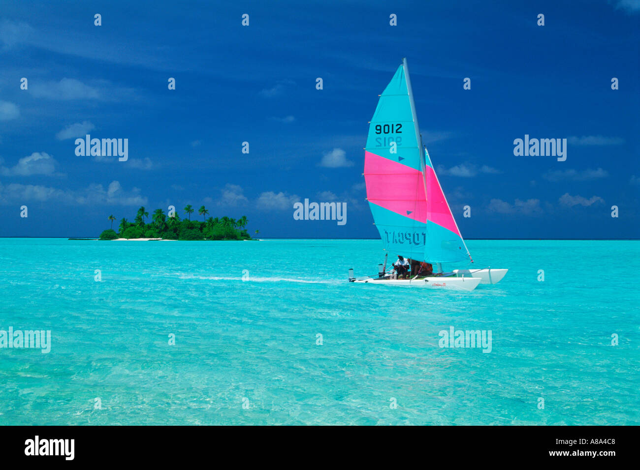 L'avion pour traverser les eaux aqua Catamaran passé île déserte dans les Maldives Banque D'Images