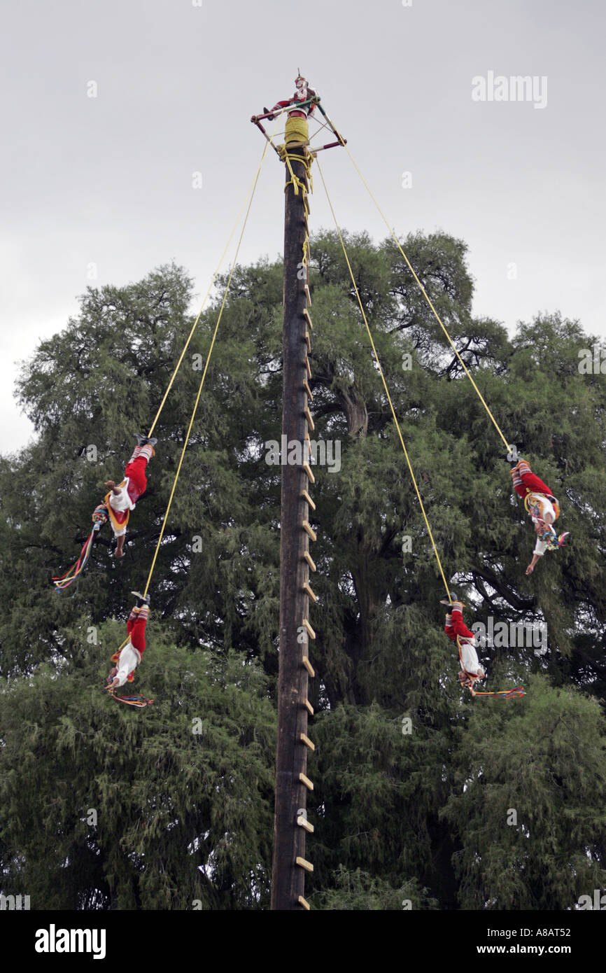 Los Voladores de Papantla un groupe exécutant des cérémonies traditionnelles des Indiens du Mexique lors d'un spectacle à Tule au Mexique Banque D'Images