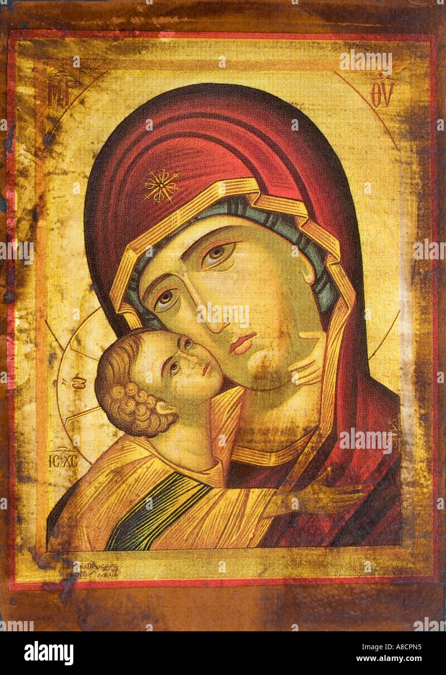 Vierge Marie et l'Enfant Jésus Christ décoration ancienne église Grèce Banque D'Images