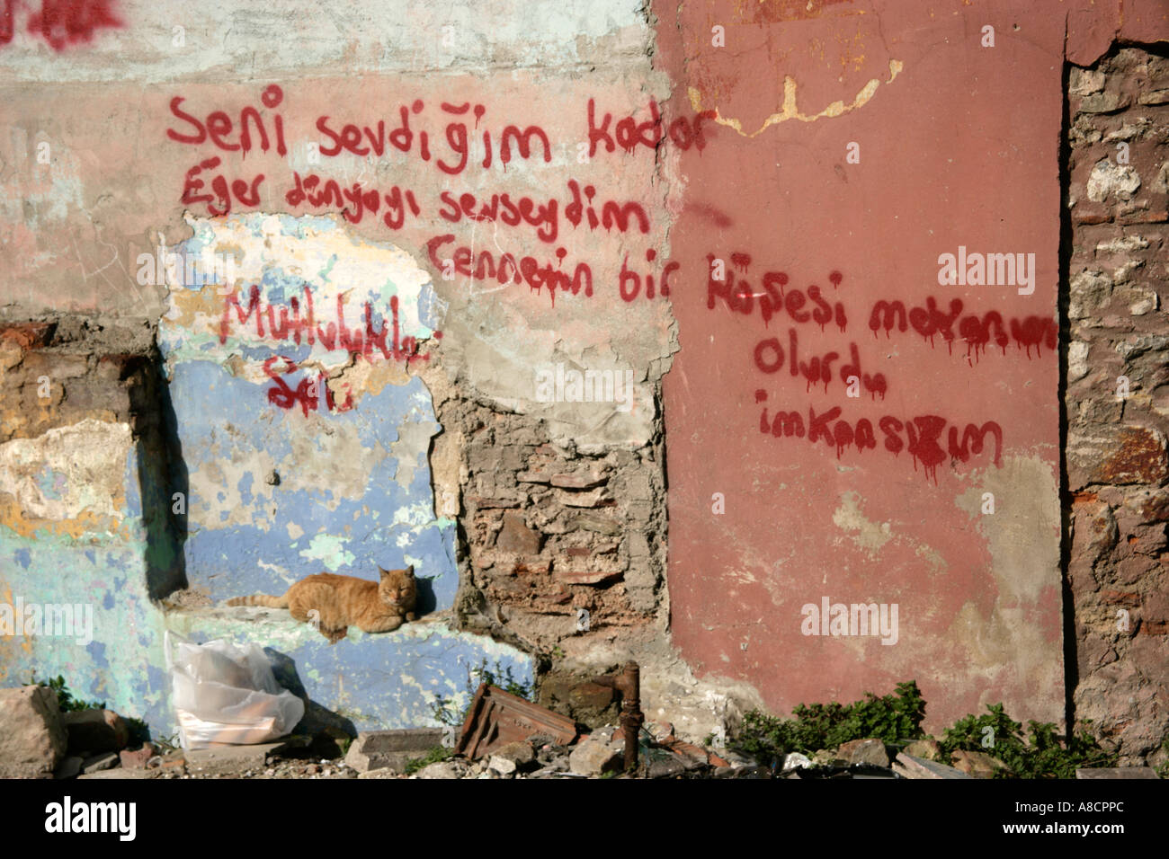 Poème d'amour sur un vieux mur en ruine, ISTANBUL, TURQUIE Banque D'Images