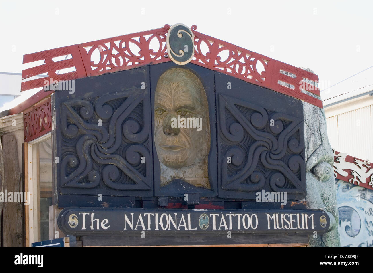Sculpture de bois à visage maori tattoo museum à l'île du nord wellington nouvelle zélande Banque D'Images