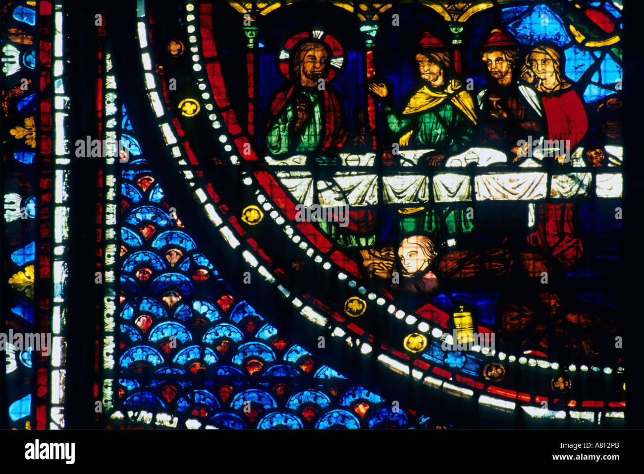 La cathédrale de Chartres les vitraux de la fenêtre du panneau détail Marie Madeleine treizième verre 13e siècle France Banque D'Images