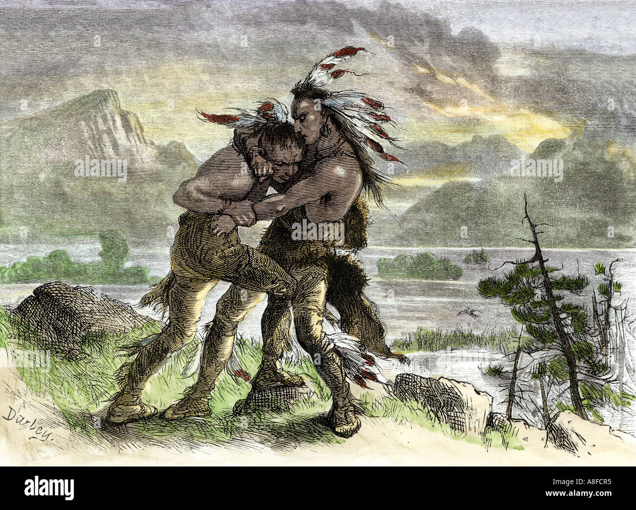 Hiawatha engagée dans un combat contre un autre guerrier amérindien. À la main, gravure sur bois Banque D'Images
