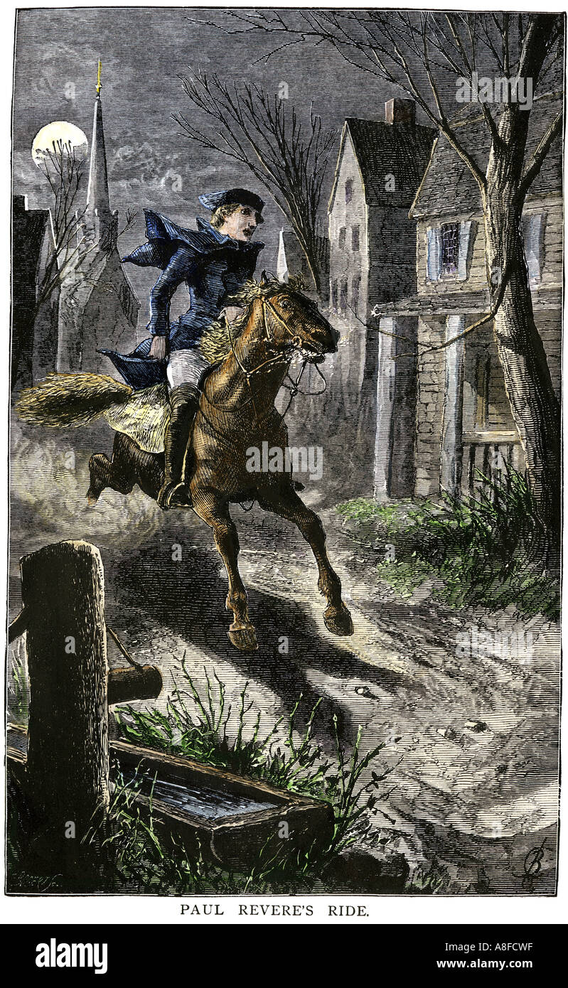 Paul Revere rides d'avertir les Minutemen de l'avance des Britanniques le 19 avril 1775 à Lexington. À la main, gravure sur bois Banque D'Images