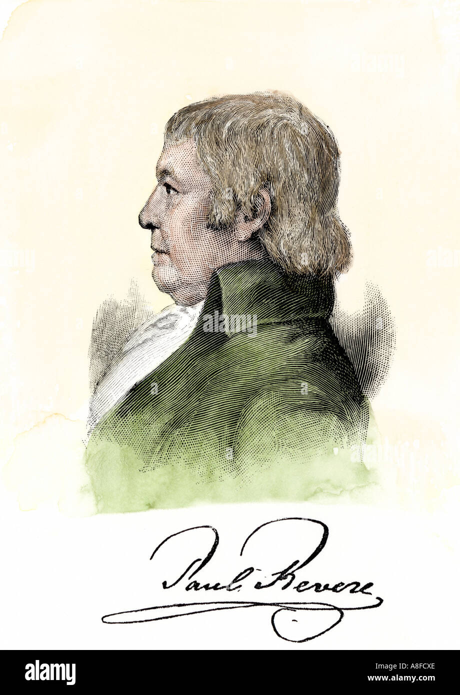 Paul Revere avec son autographe. À la main, gravure sur bois Banque D'Images