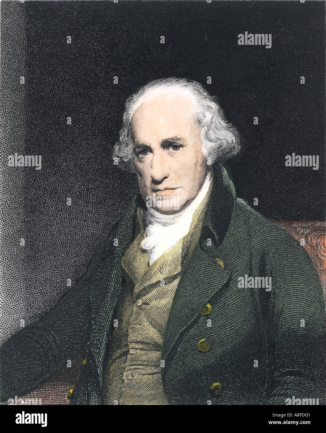 James Watt inventeur de machine à vapeur des améliorations. La gravure à la main, Banque D'Images
