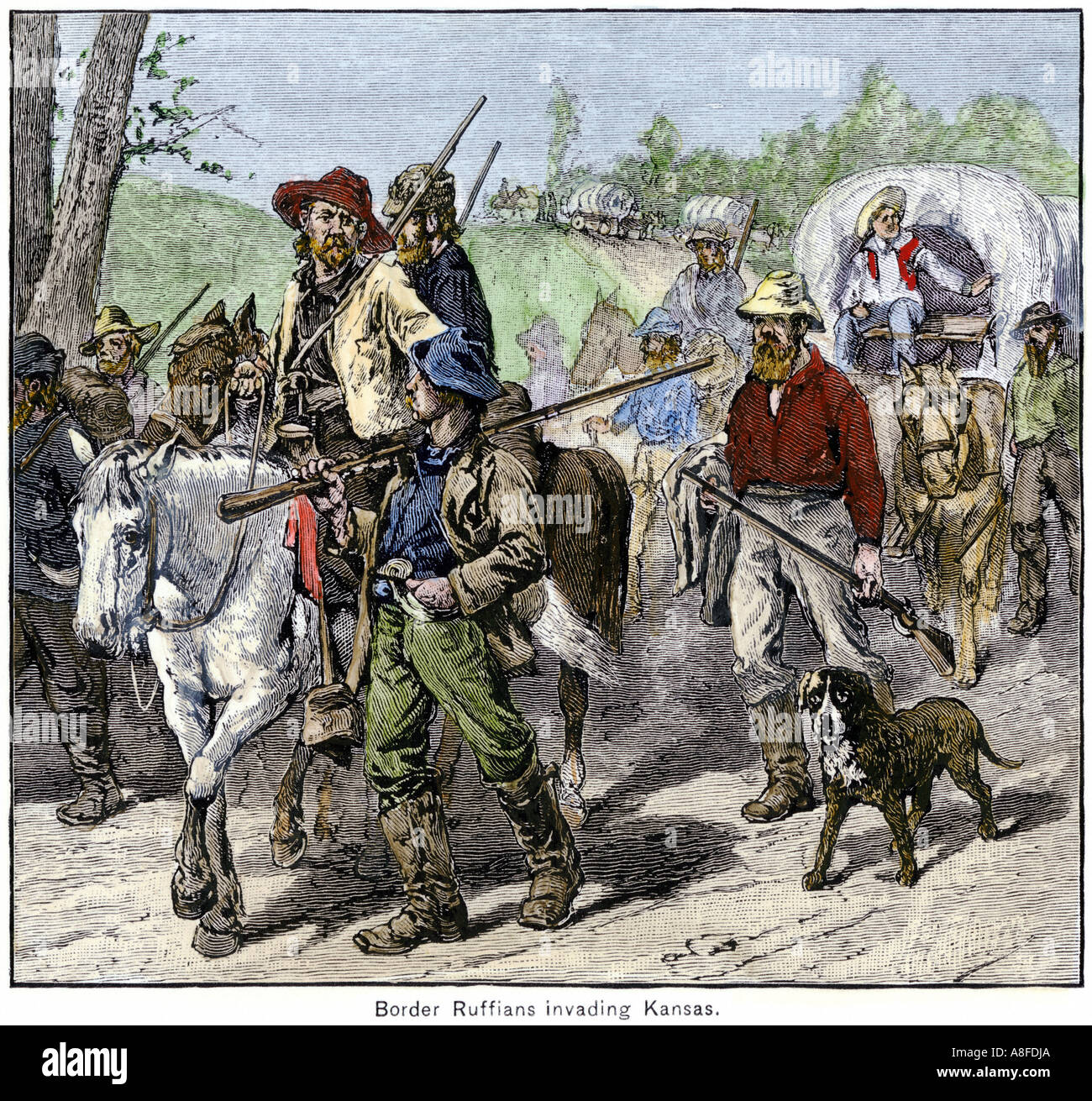Missouri border ruffians entrant Kansas à voter pour étendre l'esclavage dans le territoire des années 1850. À la main, gravure sur bois Banque D'Images
