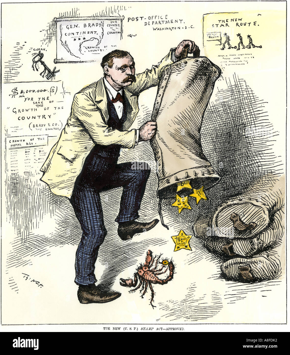 Caricature de maître de Brady dans le scandale 1881 Route Star. À la main, gravure sur bois, d'un Thomas Nast caricature Banque D'Images