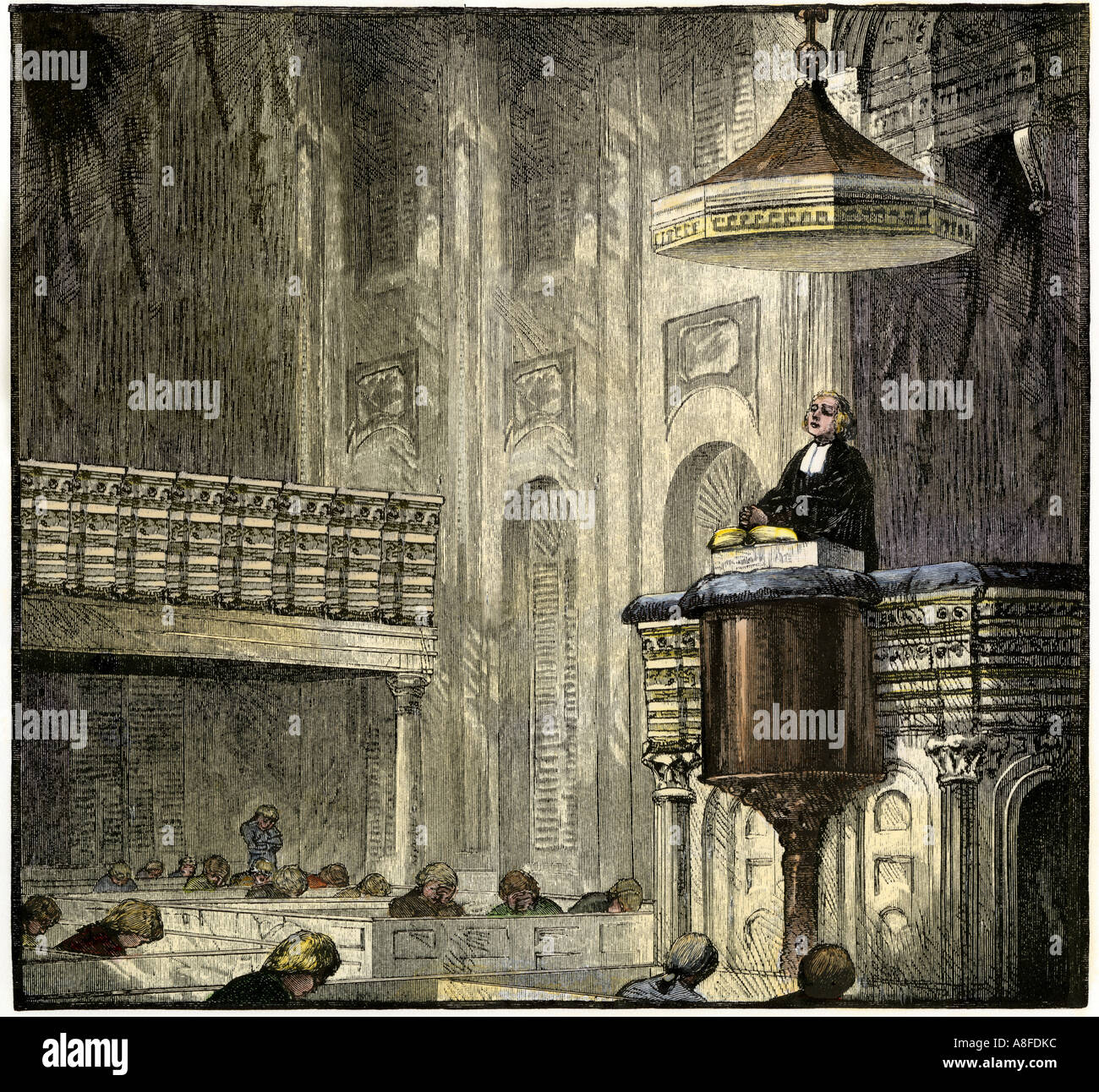Puritan ministre prêche dans une chaire de Boston des années 1700. À la main, gravure sur bois Banque D'Images