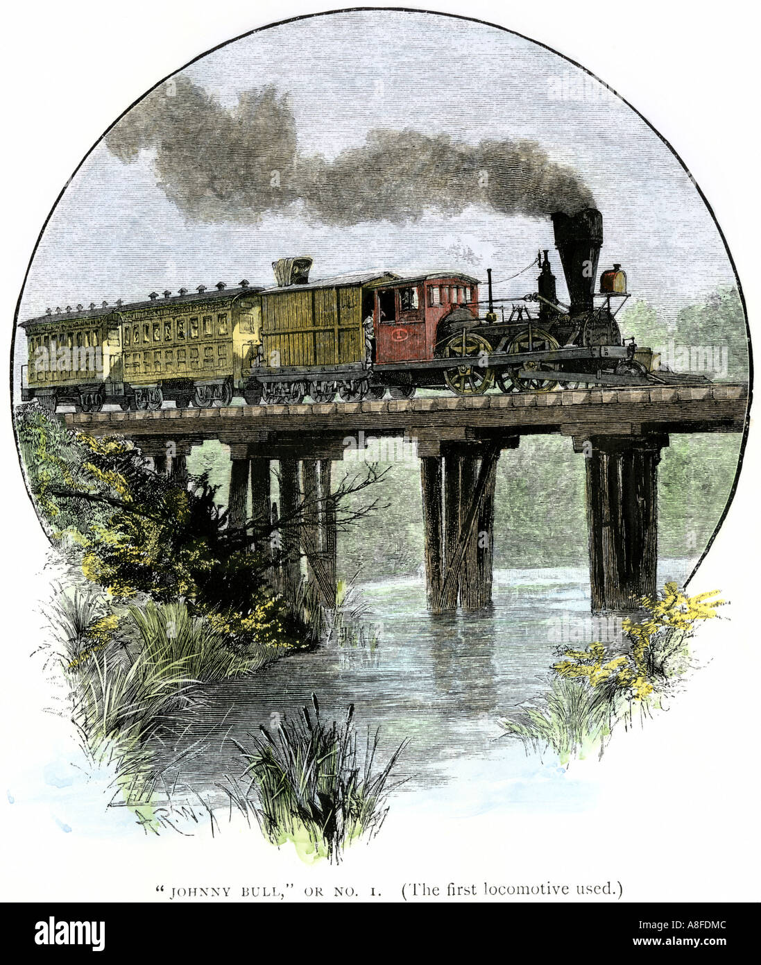 Johnny Bull la première locomotive sur le Camden et Amboy Railroad. À la main, gravure sur bois Banque D'Images