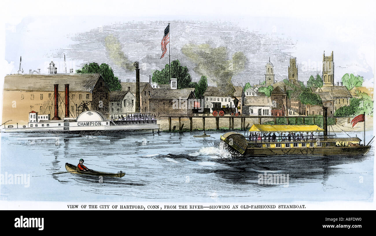 Voir d'Hartford sur la rivière Connecticut avec les bateaux à vapeur et un train à vapeur de 1850. À la main, gravure sur bois Banque D'Images