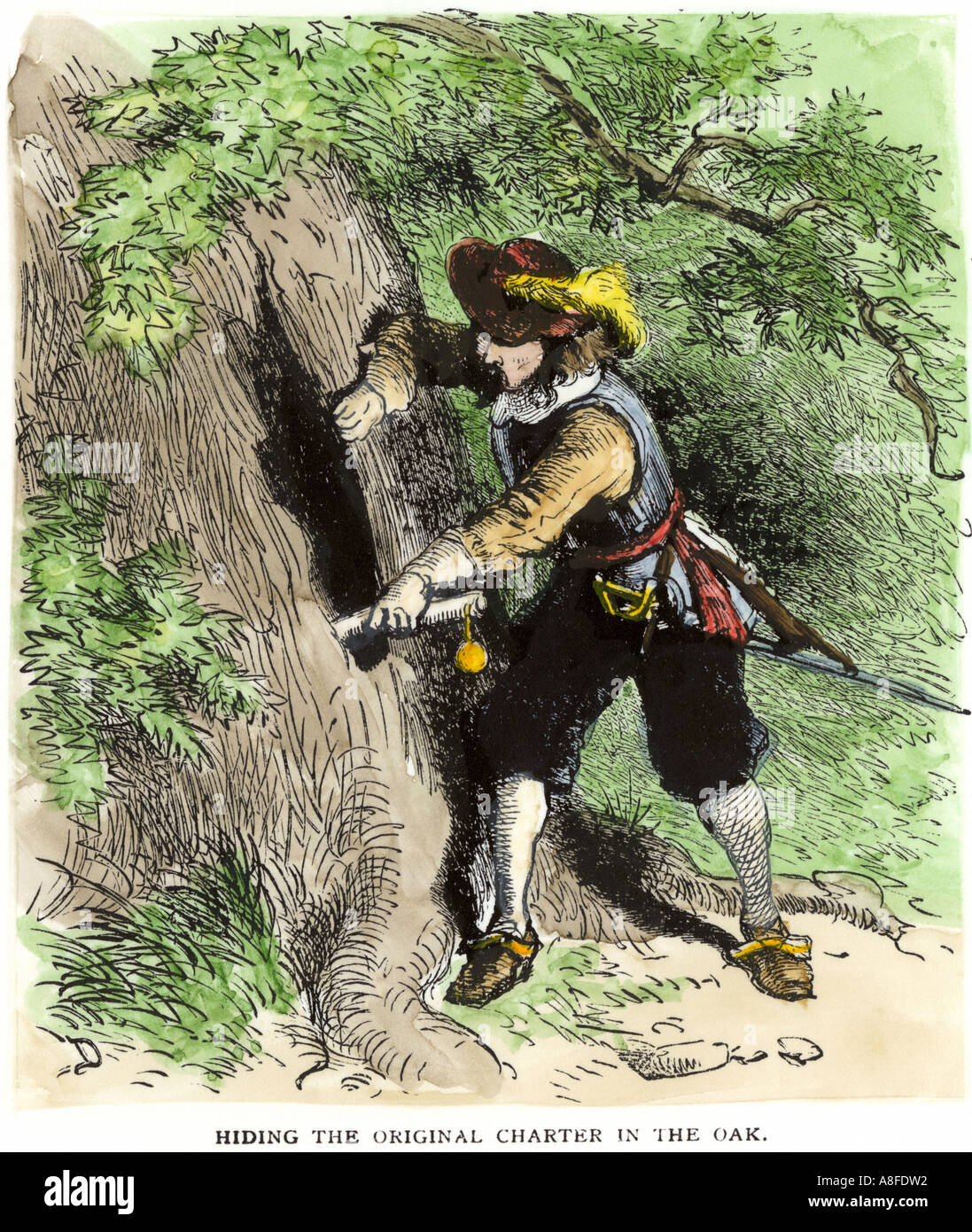 Virginia conseiller masquage de la Charte coloniale dans un chêne creux pour l'empêcher de Gouverneur Andros 1687. À la main, gravure sur bois Banque D'Images