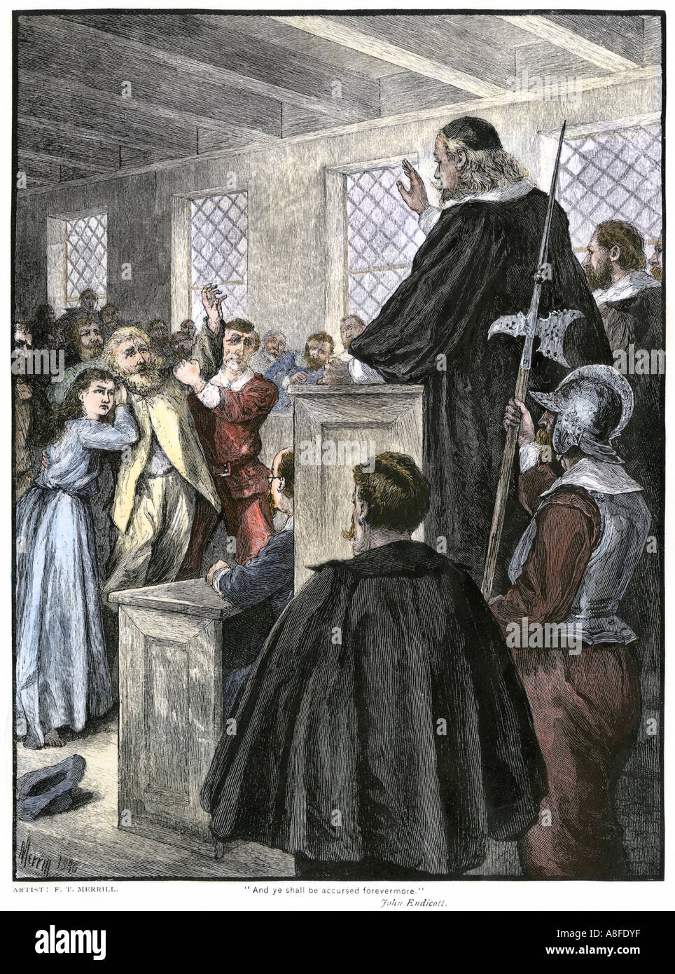 Verdict prononcé au procès des sorcières de Salem dans la colonie de la baie du Massachusetts en 1692. À la main, gravure sur bois Banque D'Images