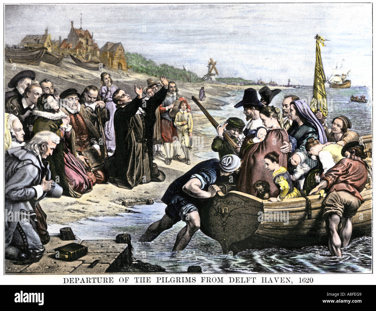 Pèlerins laissant Delfshaven Pays-Bas pour le Mayflower voyage 1620. La main, d'une illustration de demi-teinte Banque D'Images