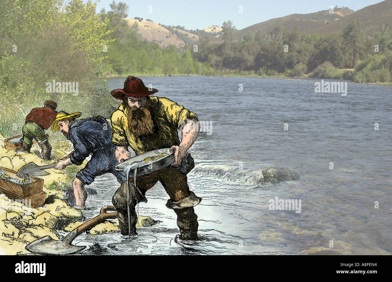 Orpaillage prospecteur près de Sutters Moulin dans le American River en Coloma en Californie. À la main, gravure sur bois, avec une photo de l'American River Banque D'Images