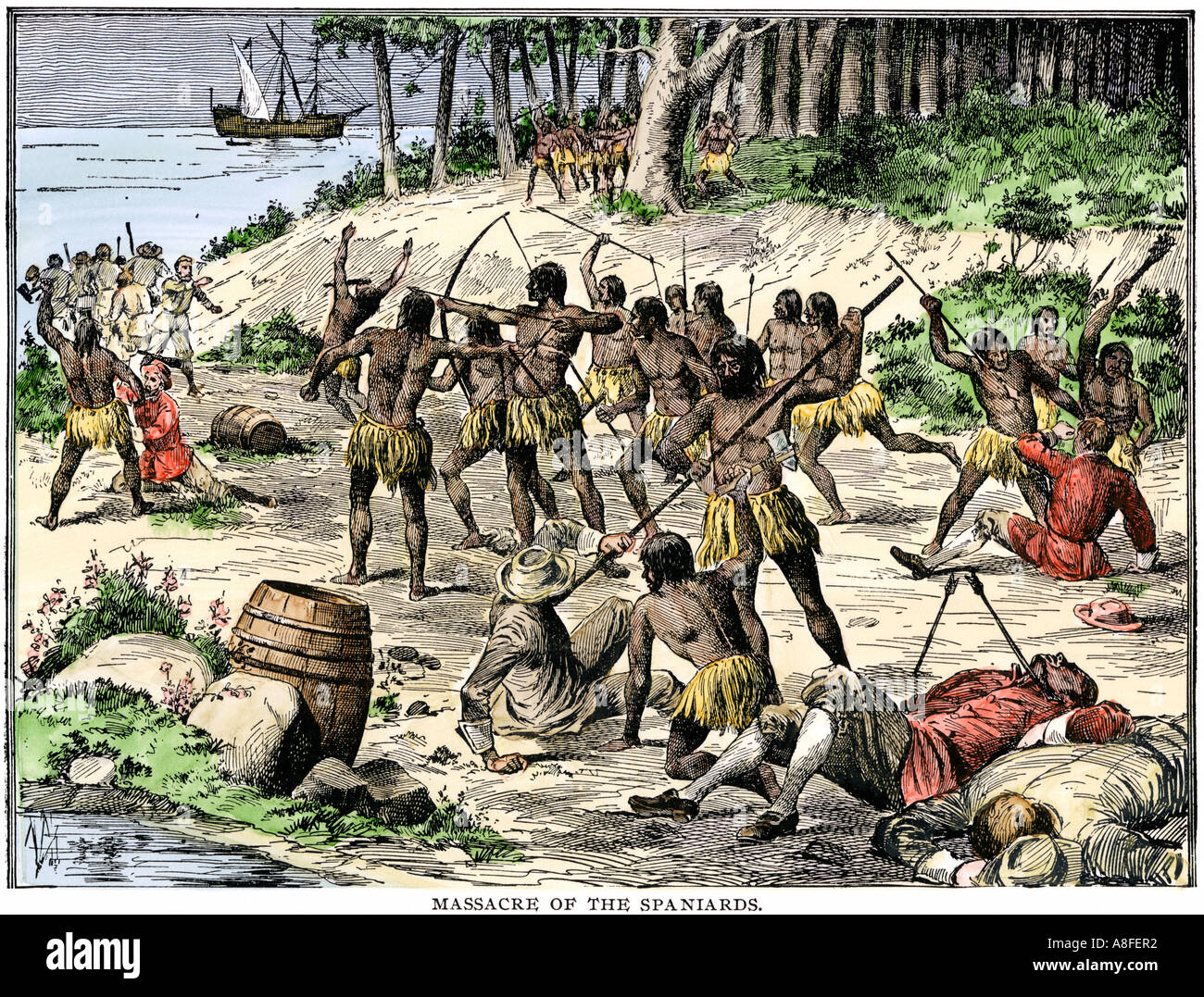 Les autochtones des Caraïbes, les Espagnols de massacre à gauche La Navidad par Christophe Colomb en 1492. À la main, gravure sur bois Banque D'Images