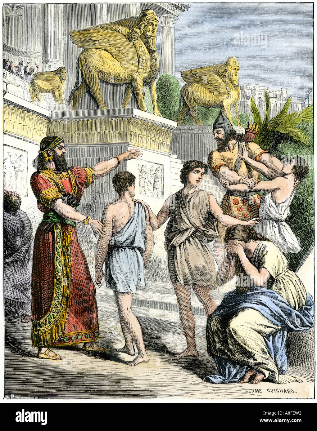 Les esclaves Israélites pendant la captivité babylonienne après la chute de Jérusalem en 586 avant JC. À la main, gravure sur bois Banque D'Images
