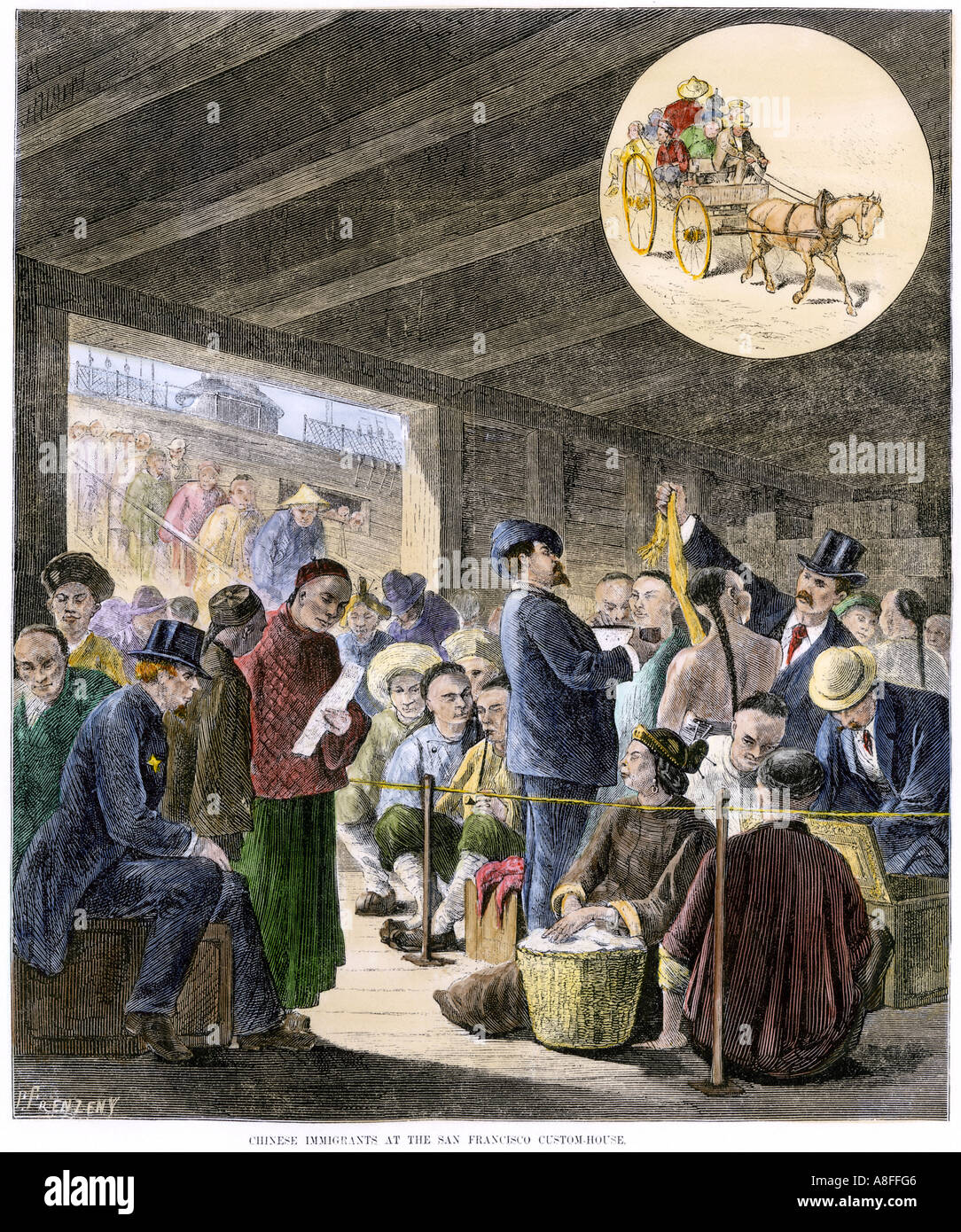 Les immigrants chinois au San Francisco maison des douanes 1870. À la main, gravure sur bois Banque D'Images