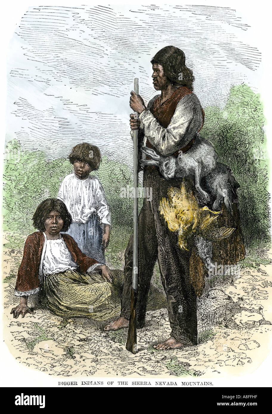 Digger Indiens revenant d'une chasse transportant des lapins et des oiseaux dans les montagnes de la Sierra Nevada des années 1800. À la main, gravure sur bois Banque D'Images