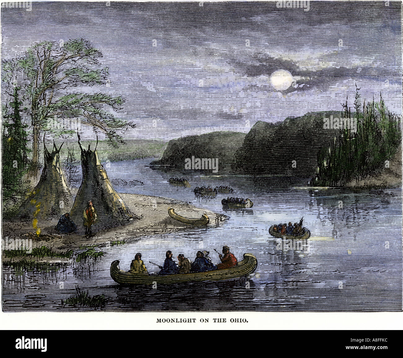 Les Amérindiens en canot sur la rivière Ohio voyageant par la lune. À la main, gravure sur bois Banque D'Images