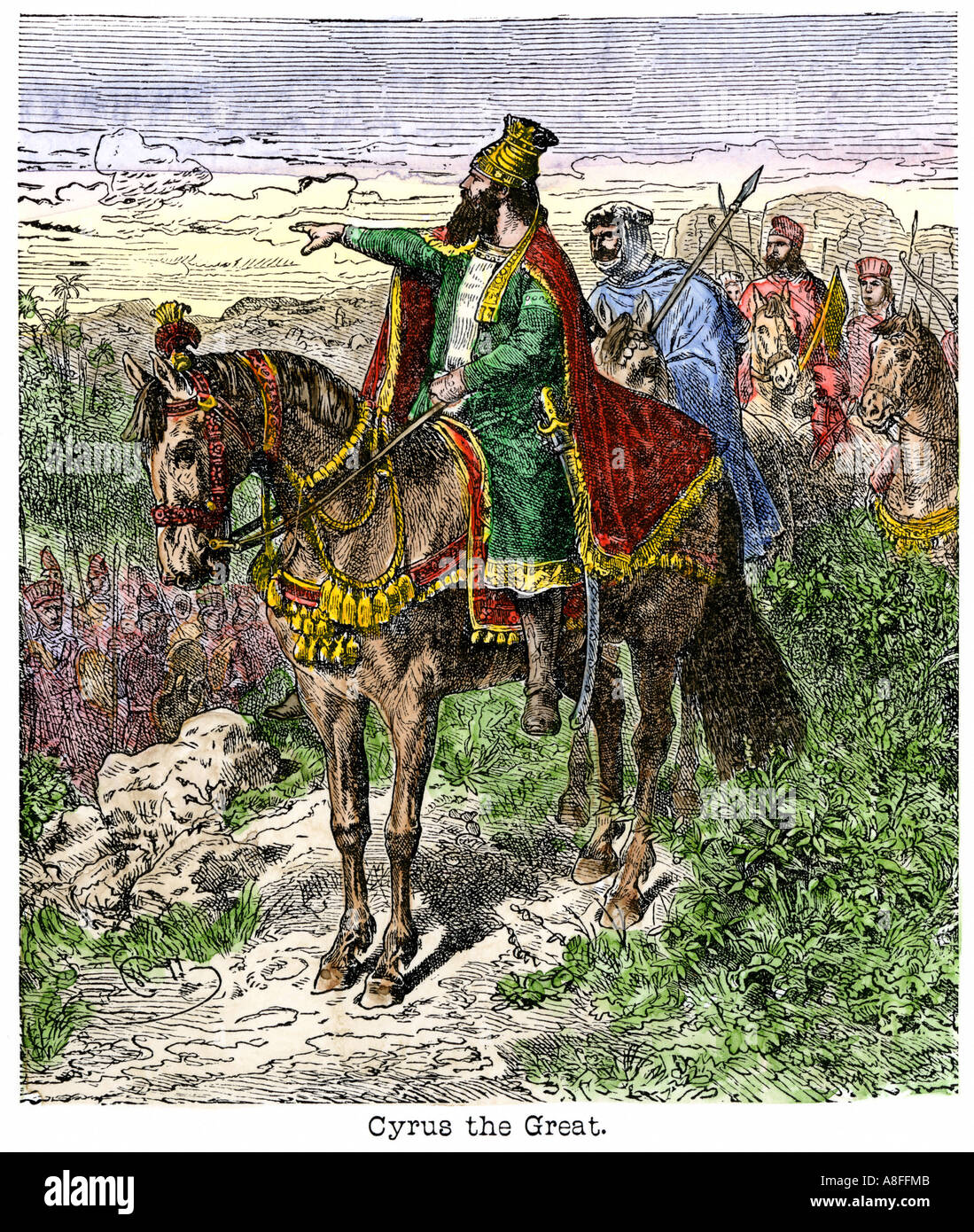 Cyrus II le Grand, roi de Perse, se déplaçant à cheval 500s BC. À la main, gravure sur bois Banque D'Images