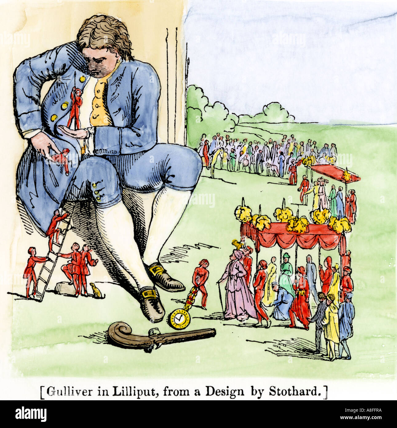 Gulliver à Lilliput comme décrit par Jonathan Swift dans les Voyages de Gulliver. À la main, gravure sur bois Banque D'Images