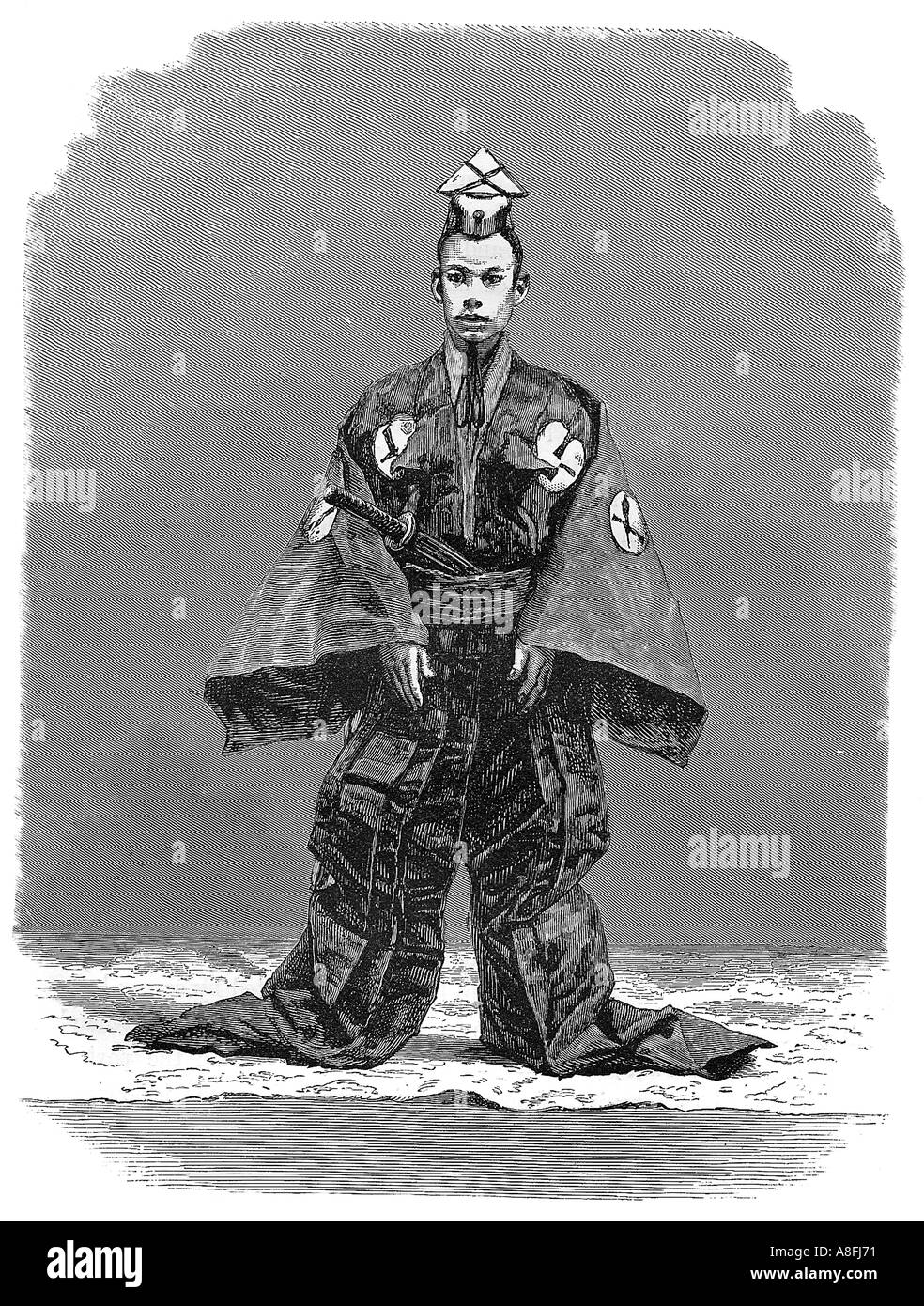 Gravure du xixe siècle du Japon intitulé Cour japonais gravure ancienne robe d'impression monochrome c 1870 Banque D'Images