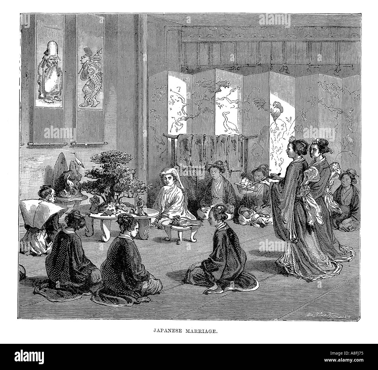 Gravure du xixe siècle intitulée Un mariage japonais gravure ancienne d'impression monochrome c 1870 Banque D'Images