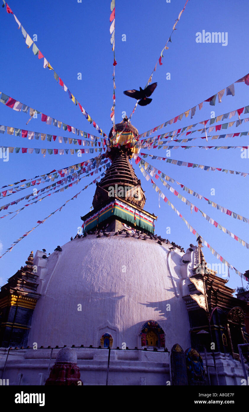 Les drapeaux de prières à voler d'un stupa à Katmandou, Népal Banque D'Images